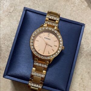 Fossil Gold-Tone Bracelet Watch with Rose Dial and Crystal Accents